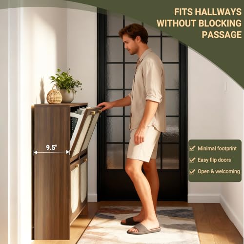 Freestanding Ultra Slim Arched Accent Entryway Shoe Storage - 4 Flip Drawers & 3-Tier Adjustable Shelves, Modern Slim Shoe Cabinet for Hallway, Foyer (flip Down Shoe Cabinet | Amber Oak) - color: Brown