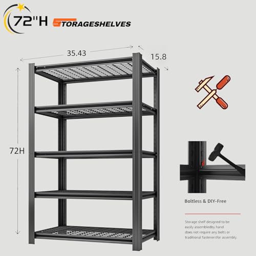 5 Tier Metal Shelving Unit, Adjustable Storage Shelves, 72" H x 35.43" W x 15.8" D Heavy Duty Garage Shelves for Warehouse, Basement, Kitchen, Pantry, Living Room, Black - size: 5T 35.43" W x 15.8" D x 72" H