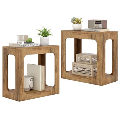 GOFLAME Narrow End Table Set of 2, Farmhouse Wood Sofa Side Table 2-Tier with Storage Shelf, Arched Rustic Small Accent Tables, Rectangular Compact Night Stand for Living Room, Bedroom, Oak - color: Oak