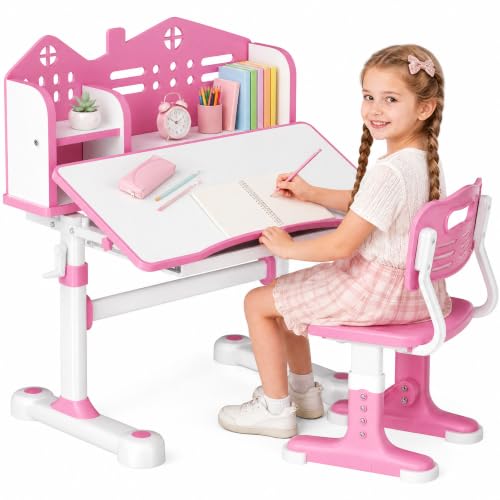 Kids Desk and Chair Set, Height Adjustable Child's School Study Writing Tables, Kids Desk with Bookstand and Storage Drawer, Widened Desktop with Desktop for Boys and Girls (Pink-A-MAX) - color: Pink-a-max