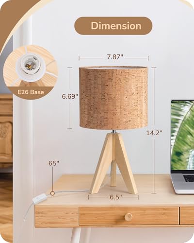 EDISHINE Small Table Lamp, Wooden Tripod Nightstand Lamp with Bark Linen Shade, Farmhouse Bedside Lamp for Nursery, Bedroom, Kids Room, Office, Reading Desk, 14.2 Inch, E26 Socket, ON/Off Switch - color: Natural Wood&Bark-textured Shade