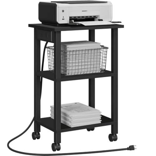 TUTOTAK Printer Stand, 3 Tier Rolling Printer Cart with Charging Station | Small Under Desk Printer Table with Wheels for Small Space, Office, Home, Black PS01BK001 - color: Black, size: 3 tier(15.7 x 11.8 x 23.6inchs)