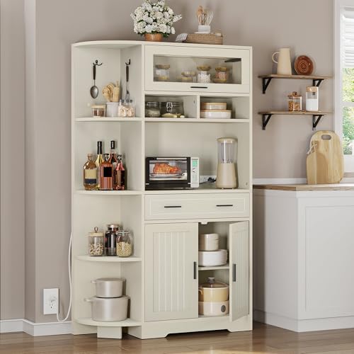 DWVO 67" Farmhouse Baker Rack with Power Outlets & Microwave Stand, White | Buffet Sideboard Cupboard Hutch with Drawer for Kitchen, Living Room, and Dining Room - color: White