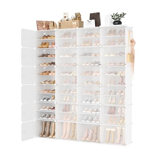 Portable Shoe Rack Organizer with Door, 96 Pairs Shoe Storage Cabinet Easy Assembly, Plastic Adjustable Shoe Storage Organizer Stackable Detachable Free Standing DIY Expandable 12 Tier White - color: White, size: 64" Wide-96 Pairs