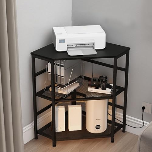 VEDECASA Corner Printer Stand Table with Power Outlet Charging Plugs USB Port Adjustable Storage Shelf Computer Tower CPU Stand Holder for Home Office (Black) - color: Black