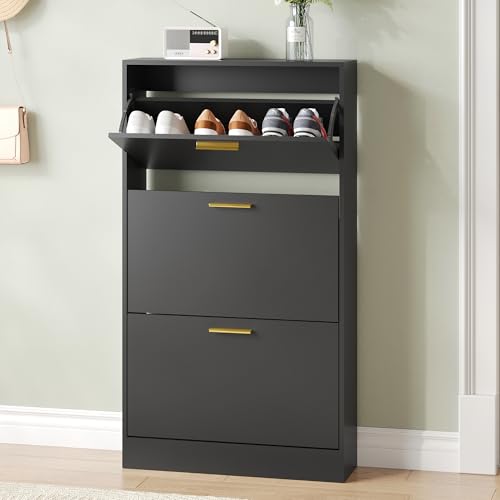 Shoe Cabinet Storage for Entryway, White Shoe Organizer with 2 Flip Drawers & Open Shelf, Freestanding Hidden Large Shoe Storage Cabinet (1pc-Black, 3 Flip Drawers) - color: 1pc-black, size: 3 Flip Drawers Without Shelf