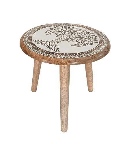 VANIYA CRAFTS® Wooden Engraved Fold-able Side Table/End Table/Plant Stand/Stool for Living Room Bedroom Restaurant Kids Play Furniture Table Round Shape (Natural White 3) - color: Natural White 3