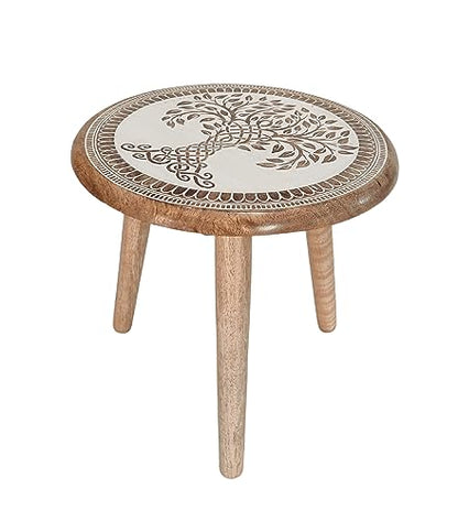 VANIYA CRAFTS® Wooden Engraved Fold-able Side Table/End Table/Plant Stand/Stool for Living Room Bedroom Restaurant Kids Play Furniture Table Round Shape (Natural White 3) - color: Natural White 3
