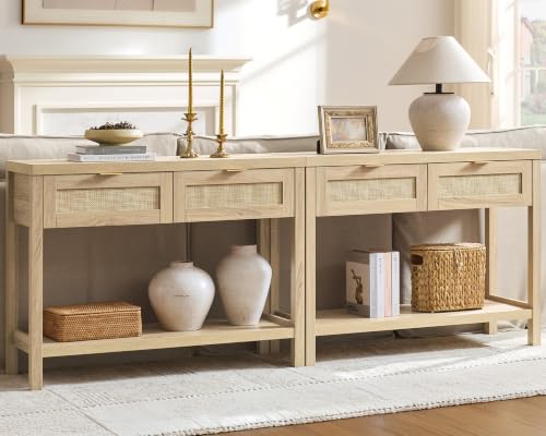 SICOTAS 79" Rattan Console Table with Drawers, Boho Entryway Sofa Table | Entry Table With Storage Drawers, Large Hallway Table for Entryway, Sofa Table Behind Couch, Console Table for Living Room - color: Reclaimed Light Oak, size: 2 Pieces