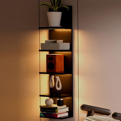 5 Tier Wall Shelf Unit, Black Modern Vertical Lack Wall Shelves with Light, Wall Mount, Floating Column Home Decor Shelves for Bedroom, Living Room, Vanity Storage Display - color: Black