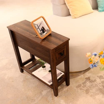 2 Pack Chairside Narrow End Table with Drawer, Solid Recliner Side Table with Storage Shelf, Slim Nightstand Bedside Table for Bedroom - size: 2 set