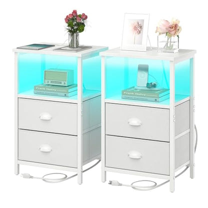 sthmec Nightstand with Charging Station, LED Night Stand Set 2, Bedside Table End Tables Set of 2, Bedroom Tables with 2 Fabric Drawers PU Finish, 3-Tier Storage Side Table for Bedroom,White - color: White