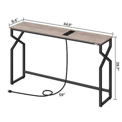 MAHANCRIS 44.9" Sofa Table, 9.4" Narrow Console Table with Charging Station, Couch Table Behind Sofa with Outlet, Entryway Table with Display Shelf, Living Room, Greige CTHG113E01 - color: Greige + Black