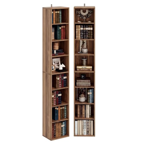 IRONCK Tall Narrow Bookshelf 8 Tiers 71in Set of 2, Compact Corner Bookcase | 4 Adjustable Shelves. Compact Corner-fit Design for Living Room, Office or Bedroom. Each Shelf Supports 28 lbs. Easy Setup. - color: Oak Brown