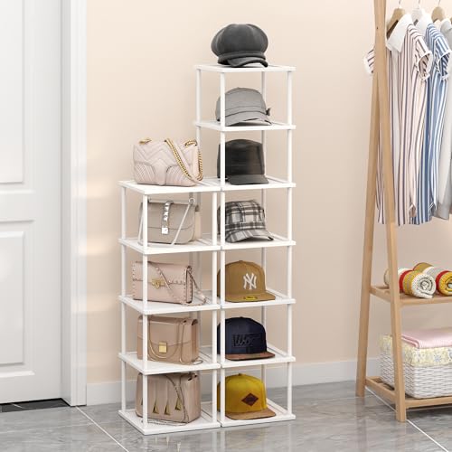 Vertical Tall Shoe Rack Organizer for Entryway -12 Tier Free Standing Slim Narrow Bamboo Wood Corner Stackable Shoe Boots Storage Stand Small Spaces for Closet Garage Cloakroom Living Room (White) - color: White, size: 12 Tier