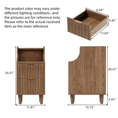Narrow Nightstand Set of 2,11.8" Fluted Bedside Table Set of 2, Slim Side End Table with 2 Drawers, Wooden Bedside Table, Mid Century Modern Night Stand for Bedroom Livingroom Sofa Office - color: Walnut,11.8" With 2 Drawers