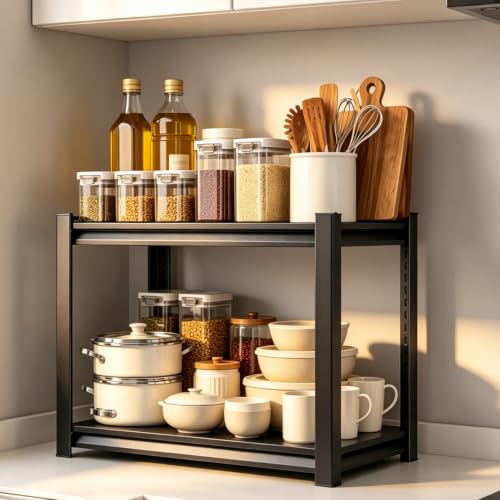 22"H x14"W Bakers Rack, 2-Tier Adjustable Kitchen Storage Rack, Highly Stable Metal Microwave Stand with Storage, 400lbs Per Tier Corner Display Shelf, Suitable for Kitchen Pantry Dinning Room, Black - size: 2T-22"H*14"W*12"D