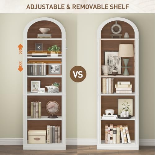 RALGEND Arched Bookshelf, 75.8" Tall Narrow Bookshelf, Arch Bookcase with Storage, 6-Tier Farmhouse Book Shelf, Wooden Arched Cabinet with Open Display Shelves, Adjustable Shelf, Walnut and White - color: White + Walnut, size: 18.9"L x 11.8"W x 75.8"H