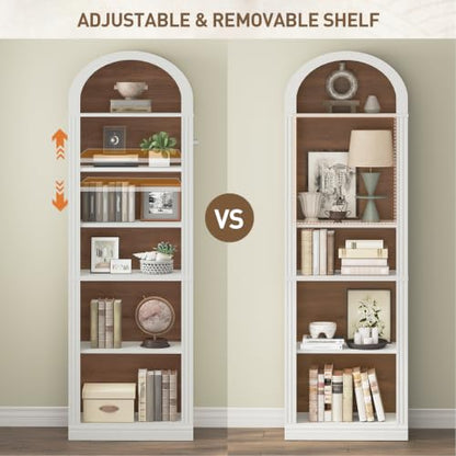 RALGEND Arched Bookshelf, 75.8" Tall Narrow Bookshelf, Arch Bookcase with Storage, 6-Tier Farmhouse Book Shelf, Wooden Arched Cabinet with Open Display Shelves, Adjustable Shelf, Walnut and White - color: White + Walnut, size: 18.9"L x 11.8"W x 75.8"H