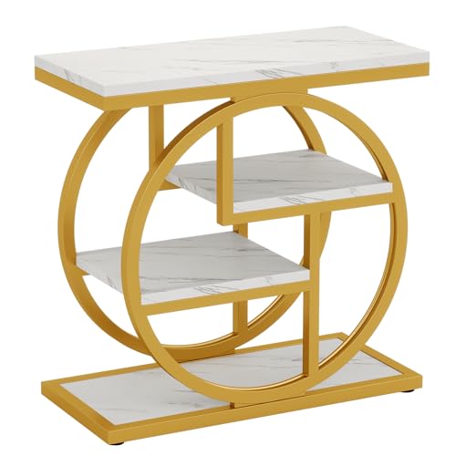 Tribesigns End Table for Living Room, Modern Faux Marble Narrow Side Table with Storage Shelves, 4-Tier Bedside Table for Bedroom, Small Sofa Side Table with Geometric Metal Frame (1 PC, White & Gold) - color: White & Gold
