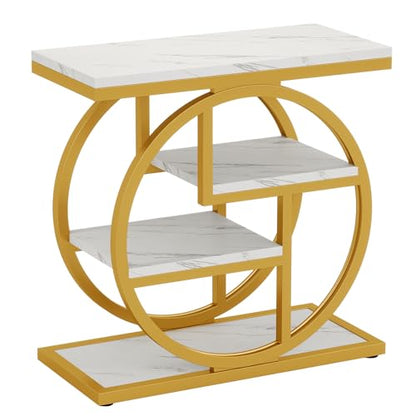 Tribesigns End Table for Living Room, Modern Faux Marble Narrow Side Table with Storage Shelves, 4-Tier Bedside Table for Bedroom, Small Sofa Side Table with Geometric Metal Frame (1 PC, White & Gold) - color: White & Gold