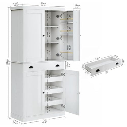 IRONCK 72" Kitchen Pantry Cabinet with Drawer and Sliding Racks, White | White wood pantry cabinet. 6 door shelves. 3 sliding racks. For kitchen, dining room, or hallway. - color: White