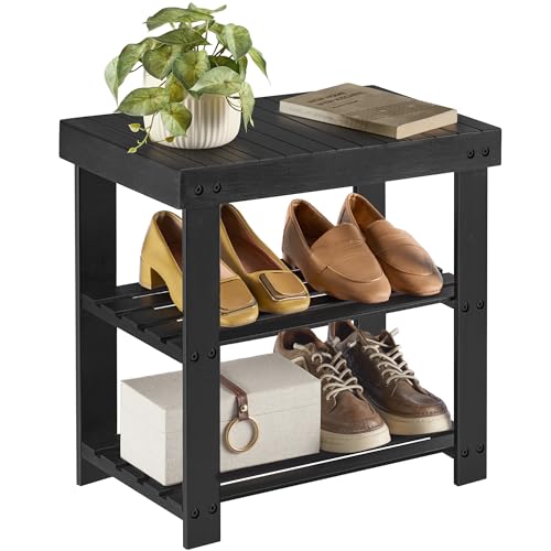 SONGMICS Shoe Rack Bench, 3-Tier Bamboo Shoe Storage Organizer, Entryway Bench, Holds Up to 286 lb, 11.3 x 19.7 x 17.8 Inches, for Entryway Bathroom Bedroom, Ink Black ULBS001B01 - color: Ink Black, size: 19.7"W