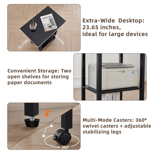 YUFAM 3 Tier Home Printer Stand with Storage, Black | Wooden Mobile Printer Table Shelf, Rolling Printer Cart Shelf with Lockable Wheels fit Fax Machine, Scanner - color: Black, size: 15.75"D×23.65"W×25.7"H