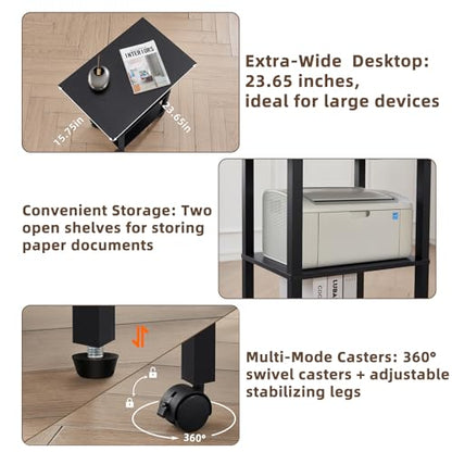 YUFAM 3 Tier Home Printer Stand with Storage, Black | Wooden Mobile Printer Table Shelf, Rolling Printer Cart Shelf with Lockable Wheels fit Fax Machine, Scanner - color: Black, size: 15.75"D×23.65"W×25.7"H