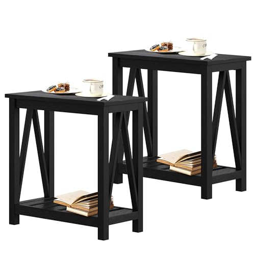 ChooChoo Farmhouse End Table Set of 2, Rustic Vintage Narrow End Side Table with Storage Shelf for Small Spaces, Nightstand Sofa Table for Living Room, Bedroom Black - color: Vintage Black, size: 2 Pack