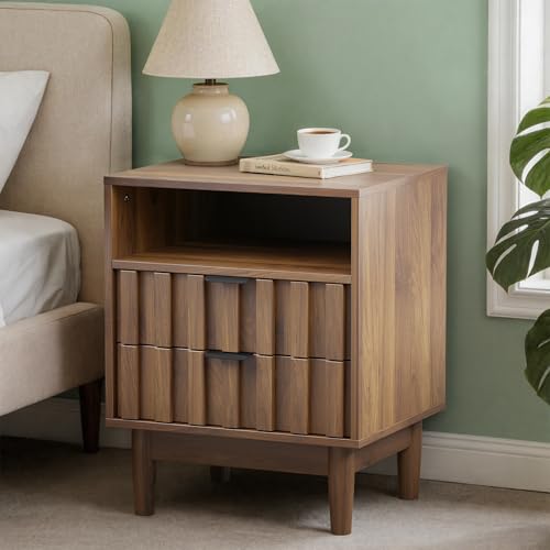 Fluted Nightstand with 2 Drawers, 19" Wide Night Stand with Solid Wood Legs, Open Storage Shelf, Mid Century Modern Wooden Bedside Table for Bedroom, Bed End Side Table, Walnut - color: Fc-walnut, size: 1 PCS