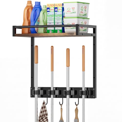 Broom Holder Wall Mount with Shelf, 15.7" Wx6.7 Dx15.7 H, 1 Pack | Load 66LBS, 4 Mop Hanger Grippers, 3 Hooks, for Laundry Room, Garage, Utility Closet, Kitchen - style: 1 Pack