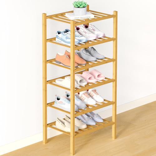 Smiry Bamboo Shoe Rack for Closet, 6 Tier Small Wooden Shoe Organizer, Stackable Wood Shoe Storage Shelf for Entryway, 14 Vertical Slats, 3+3 Stack Heavy-Duty Legs, 17.32"x11.02"x36.61", Natural - color: Natural, size: 6 Tier - Small