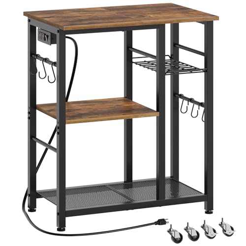 YATINEY Movable Bakers Rack, Microwave Stand with Charging Station, Kitchen Storage Rack with Hooks and Basket, Casters and Adjustable Feet, for Small Space, Kitchen, Dining Room, Rustic Brown HB04UBR - color: Rustic Brown + Black