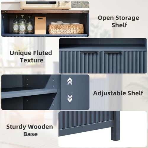 BuildHom 32 Inch Fluted Sideboard Buffet Cabinet with Storage Navy Blue | Coffee Bar Cabinet with Open Shelf and 5-Level Adjustable Shelves, Farmhouse Storage Cabinet for Kitchen and Dining Room - color: Navy Blue