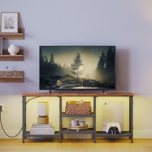 JARHETUN TV Stand with LED Lights for 55 Inch TV, Entertainment Center with 3-Tier Open Shelves, TV Console Table for Living Room, Bedroom, Rustic Brown - color: Rustic Brown With Led Light