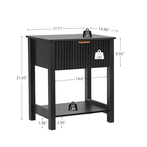 Small Nightstand with Drawer, Mid Century Modern Nightstand for Bedroom, Fluted End Table with Storage for Living Room, Couch, Sofa, Bedside, Office, Desk Side Table for Small Spaces-Black - size: 1 Piece