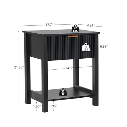 Small Nightstand with Drawer, Mid Century Modern Nightstand for Bedroom, Fluted End Table with Storage for Living Room, Couch, Sofa, Bedside, Office, Desk Side Table for Small Spaces-Black - size: 1 Piece