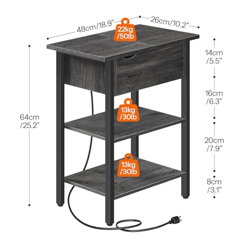 HOOBRO End Table with Charging Station, Narrow Side Table, Flip Top Nightstand with USB Ports and Outlets, Bedside Tables with Shelf for Small Spaces, Living Room, Charcoal Black BC341BZ01 - color: Charcoal Black