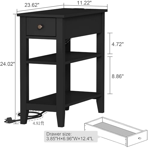 ChooChoo Narrow End Table with Charging Station, Side Table Living Room with USB Ports & Power Outlets and Hidden Drawer, 3-Tier Skinny Nightstand with 2 Open Storage Shelves for Small Place (Black) - color: Black