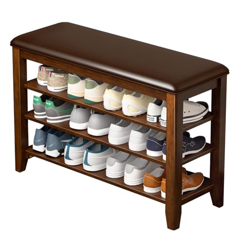 Shoe Rack Bench, 3 Tier Adjustable Shelves Rubberwood 31.5'' | Shoe Bench with Storage,Removable Shelves for Shoes, Entryway,Hallway, Mudroom, Closet and Front Door Organization - color: Walnut, size: 31.5''