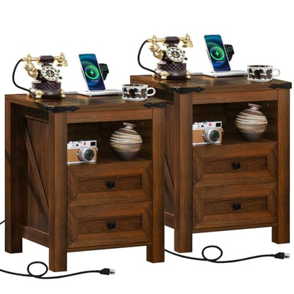 Joaxswe Nightstands Set of 2 with Charging Station, Farmhouse Side End Table with 2 Drawers and Open Shelf, Wood Rustic Sofa Table, Bedside Cabinet for Bedroom, Living Room, Closet, Office(Brown) - color: Brown, size: 2 pack