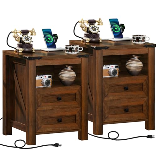 Joaxswe Nightstands Set of 2 with Charging Station, Farmhouse Side End Table with 2 Drawers and Open Shelf, Wood Rustic Sofa Table, Bedside Cabinet for Bedroom, Living Room, Closet, Office(Brown) - color: Brown, size: 2 pack