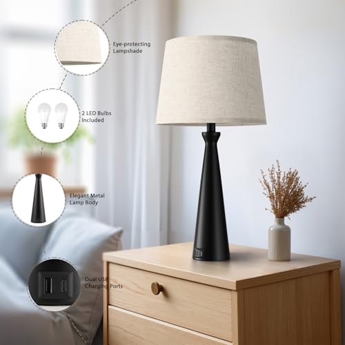 Seealle Modern Table Lamps Set of 2 - Touch Bedside Lamp for Nightstand with Dual USB C+A,3-Way Dimmable Nightstand Lamps for Living Room Bedroom End Table with Beige Shade(Bulb Included) - color: E. Black-Beige
