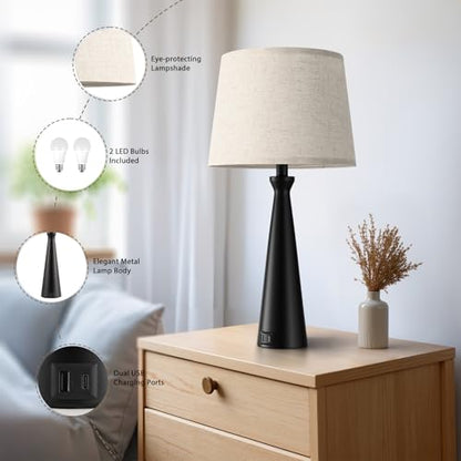 Seealle Modern Table Lamps Set of 2 - Touch Bedside Lamp for Nightstand with Dual USB C+A,3-Way Dimmable Nightstand Lamps for Living Room Bedroom End Table with Beige Shade(Bulb Included) - color: E. Black-Beige