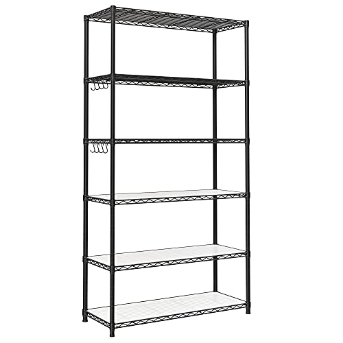 SONGMICS 6-Tier Storage Shelves, Wire Shelving Unit, Kitchen Metal Shelves, Storage Rack with Adjustable Shelves, Shelf Liners, 8 Hooks, for Garage, 13.8 x 35.4 x 69.7 Inches, Black ULGR096B01 - color: Ink Black, size: 6 Tiers (13.8"D x 35.4"W)