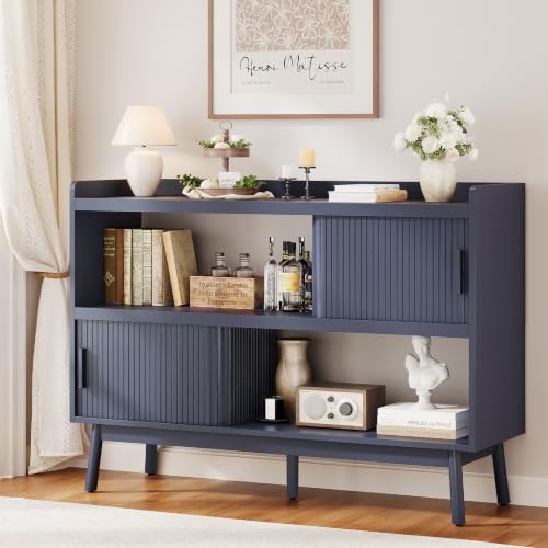 ONBRILL 51.2" Sideboard Buffet Cabinet with Outlet & 2Open Storage Spaces, Fluted Sideboard Cabinet with Sliding Door & Adjustable Shelves, Mid-Century Accent Coffee Bar Console Table with Wooden Feet - color: Blue, size: 51.2"