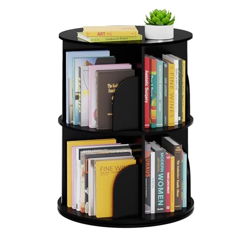 SpaceAid 2 Tier Rotating Bookshelf Tower, Spinning Bookcase Lazy Susan, Revolving 360 Book Shelf Storage Round Carousel, Vertical Rotate Turning Spiral Corner Organizer, Black - color: Black, size: 2 Tier, 25.6" H