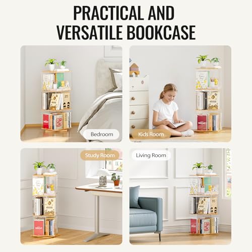 TAKEKIT 3-Tier Rotating Bookshelf, 360° Spinning Book Shelf Tower with Solid Wood & Clear Acrylic, Square Revolving Bookcase for Kids Room, Living Room, Bedroom and Office - color: Natural Square, size: 3-Tier