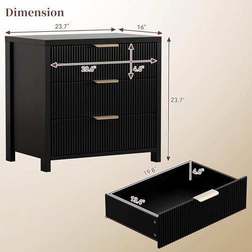 Fluted Nightstand, 23.7'' Wide Night Stand with 3 Drawers, Mid-Century Modern Bedside Table with Handles, Wood End Table for Bedroom, Black